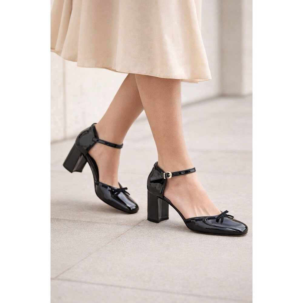J Crew Maisie Bow Heels Black Patent Leather Mary Jane Block Heel CP058 Womens 7